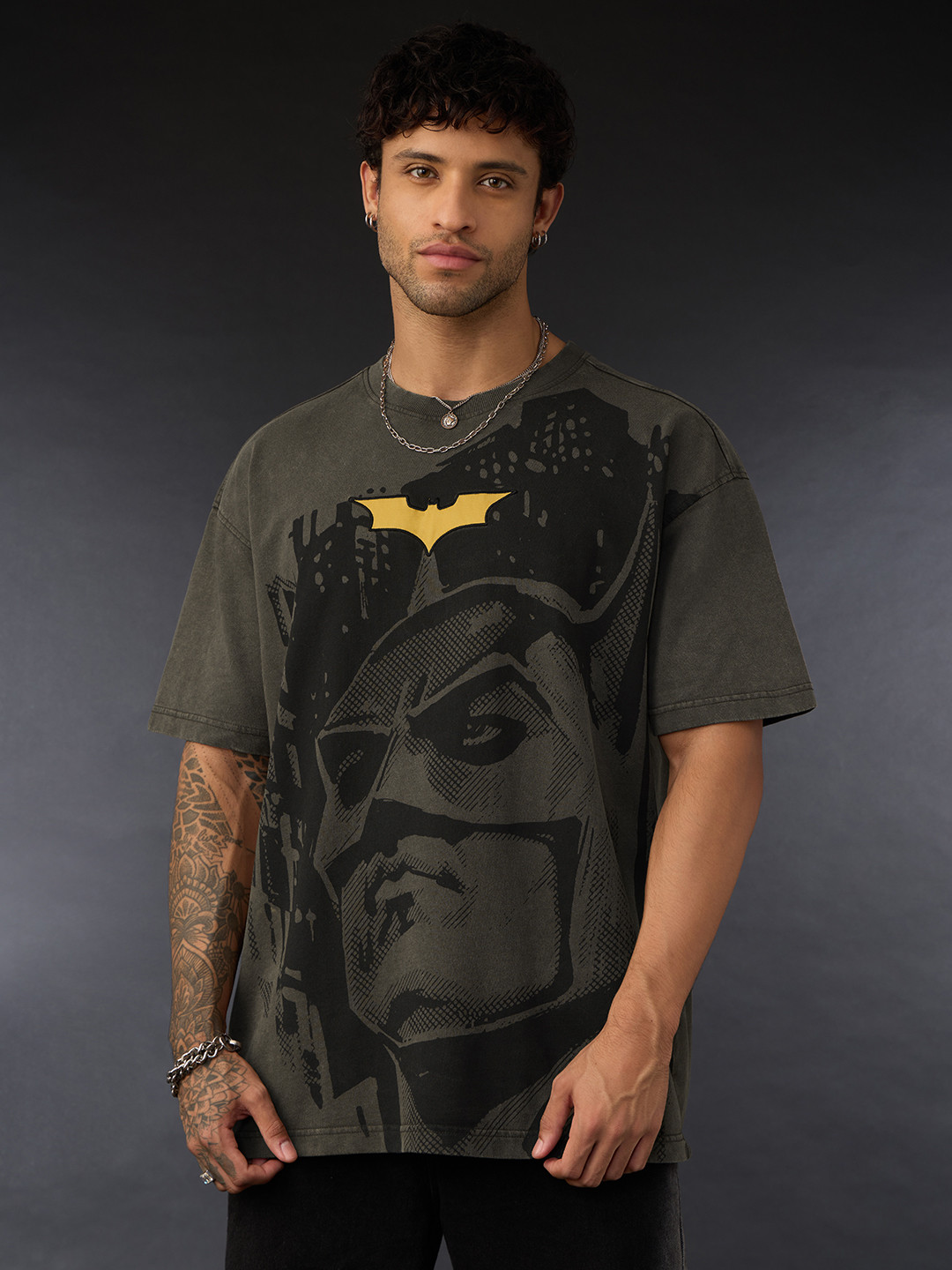 The Souled Store Official Men Batman: Dark Knight Olive Oversized Fit T-Shirts