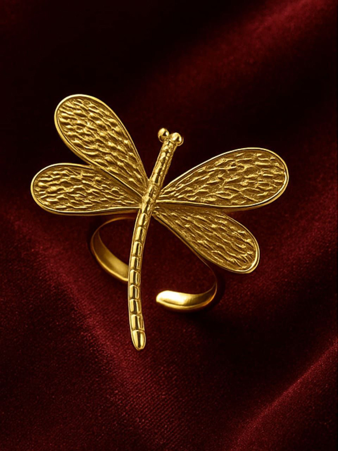 Nui Gold Plated Stainless Steel Dragonfly Adjustable Finger Ring