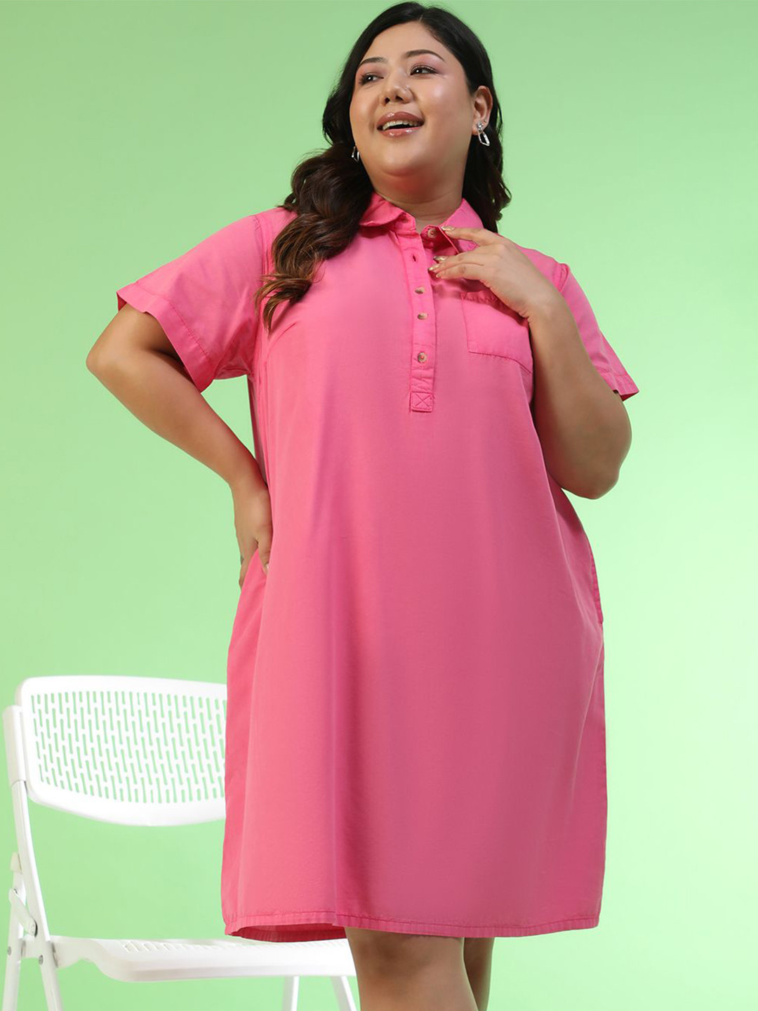 Oxolloxo Women Plus Size Shirt Collar Utility Pocket Detail Shirt Dress