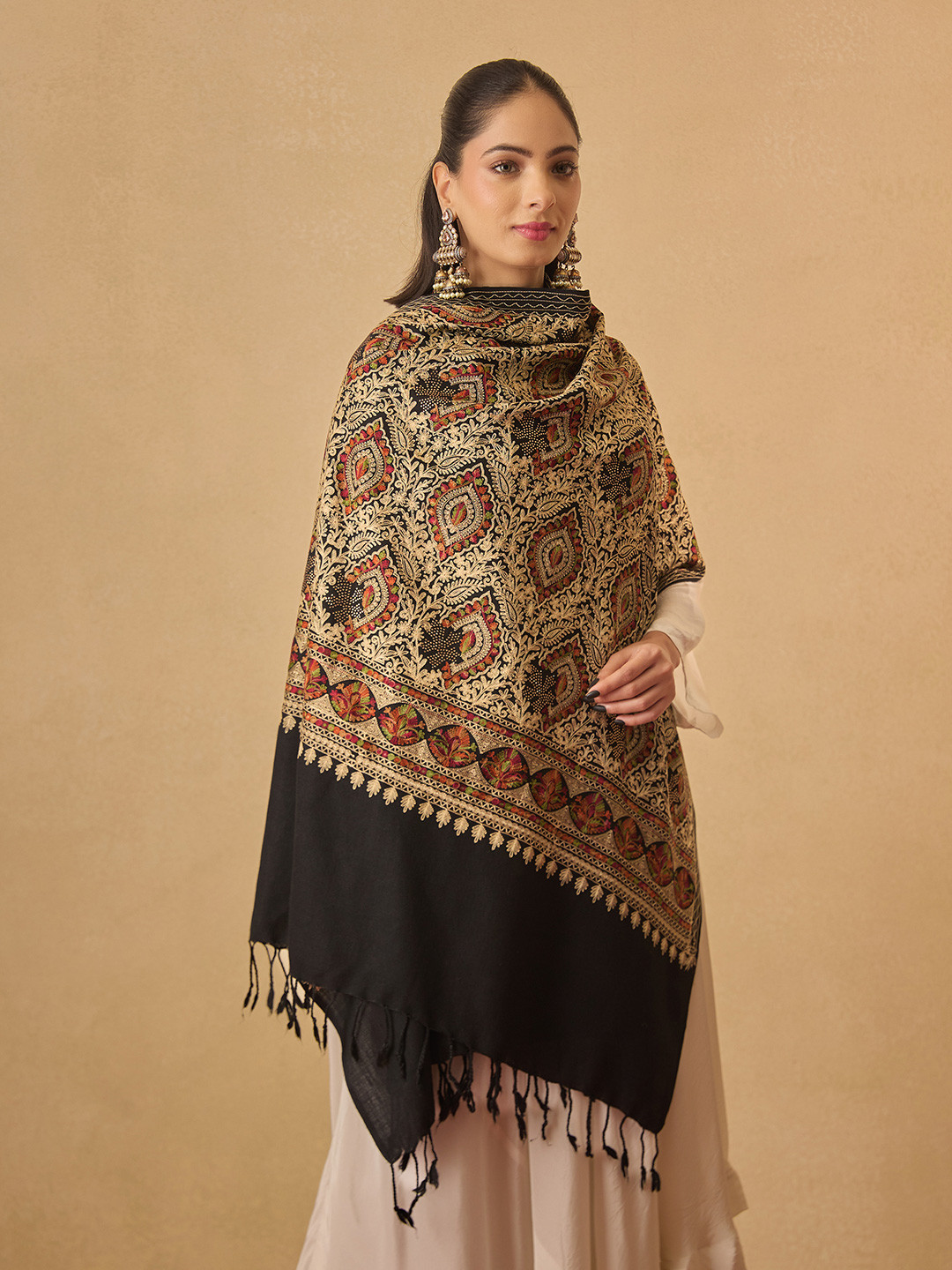 Pashmoda Women Ornate Harmony Wool Nalki Embroidered Stole