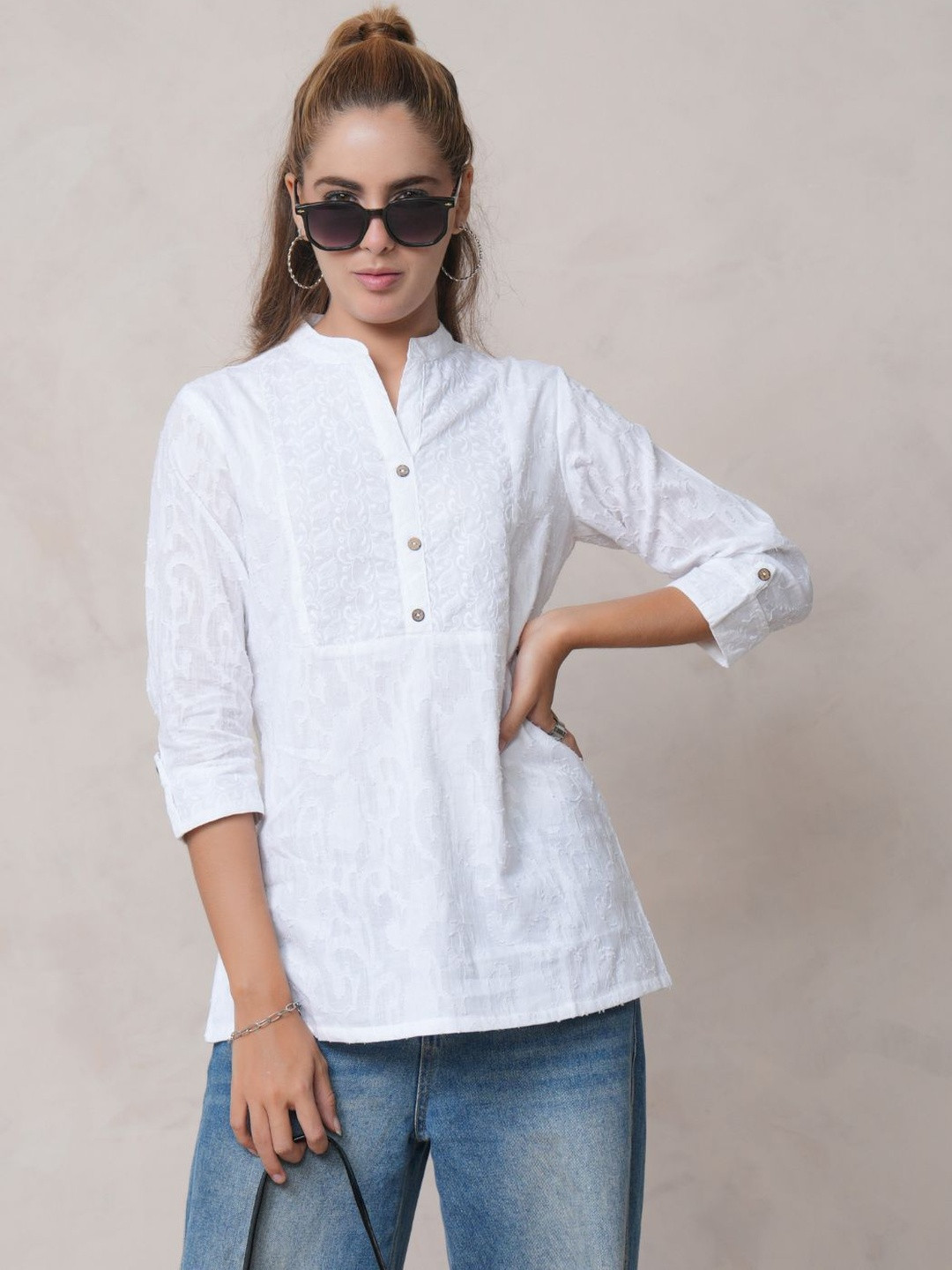 Zolo Label Women Mandarin Collar Roll-Up Sleeves Cotton Top
