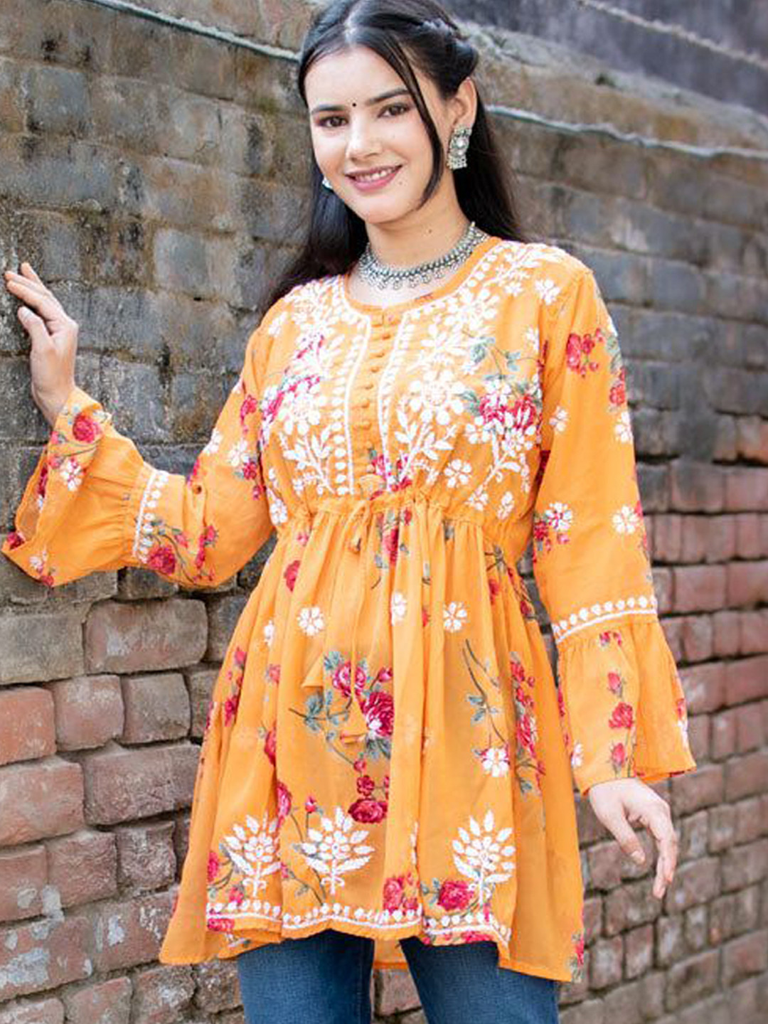 Banarasi Kargha Floral  Printed Chikankari  Anarkali Kurti
