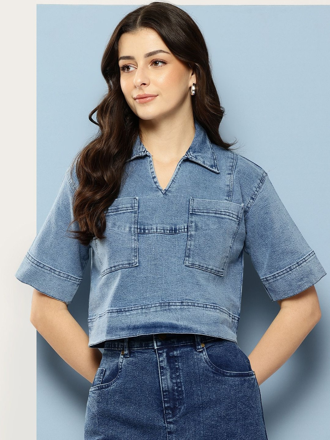 BAESD Women Self Design Shirt Collar Utility Pockets Denim Crop Top
