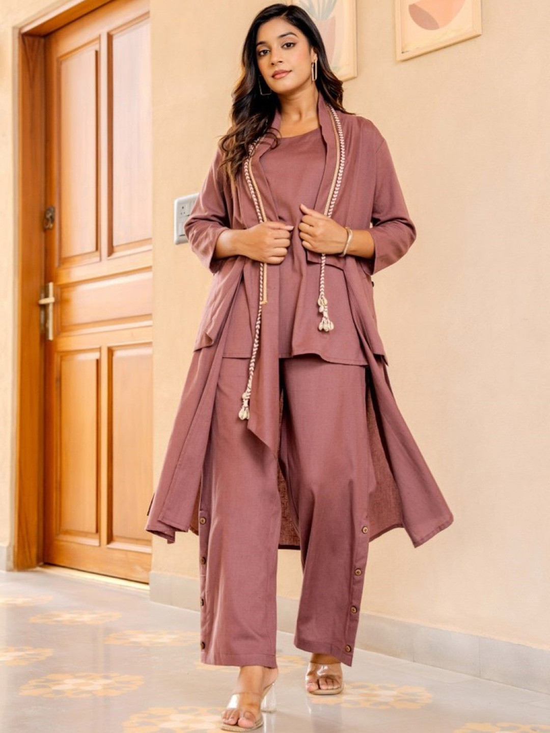 AUTUMN LANE Akira Mocha Pure Cotton Top & Trousers With Shrug Co-Ords