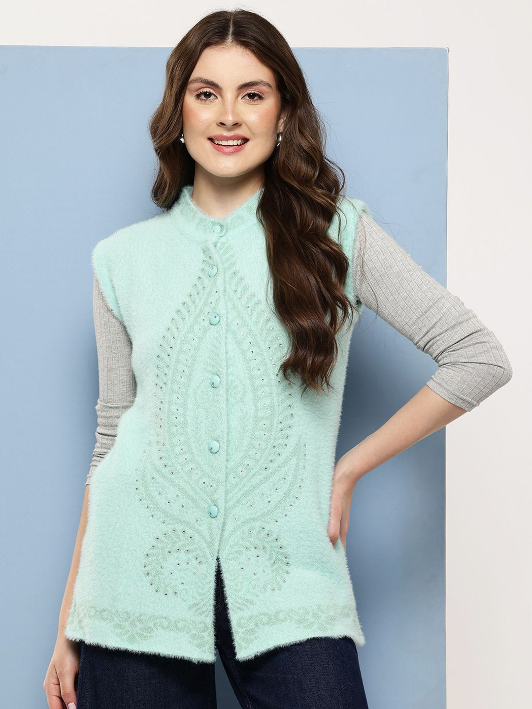 BAESD Women Round Neck Fair Isle Embellished Sleeveless Woolen Cardigan Sweater