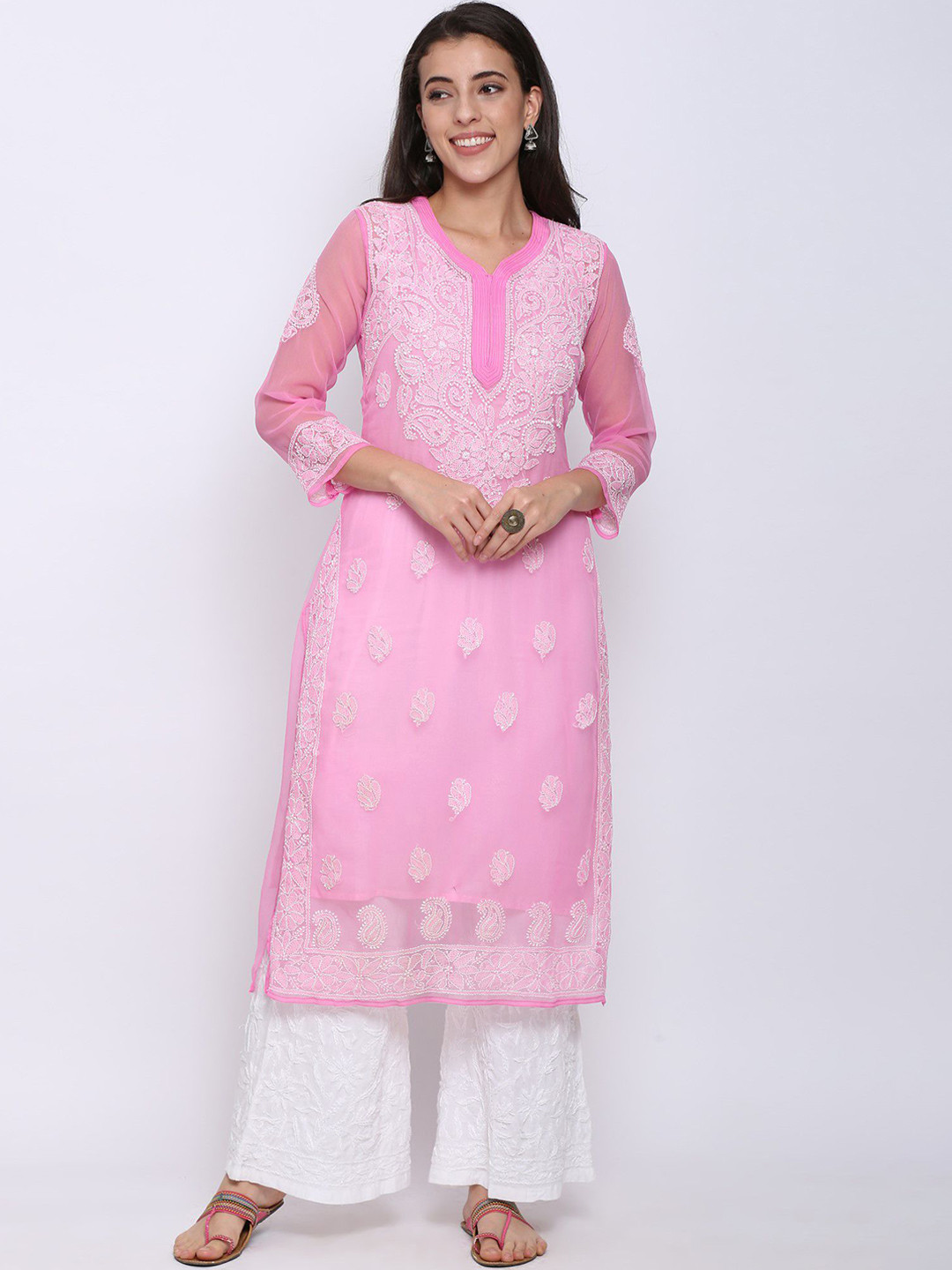 PARAMOUNT CHIKAN Women Ethnic Motifs Embroidered Chikankari Georgette Kurta