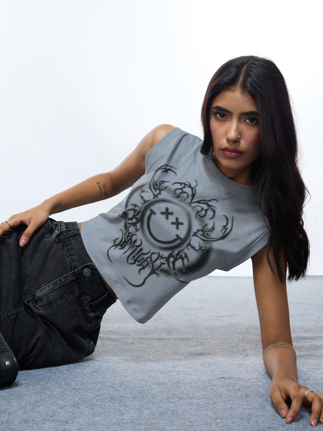 The Souled Store Smiley Women Graphic Printed Sleeveless Cotton Crop Top