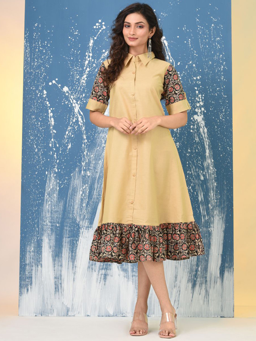 Charukriti Women Ajrak Printed Cotton Shirt Ethnic Midi Dresses