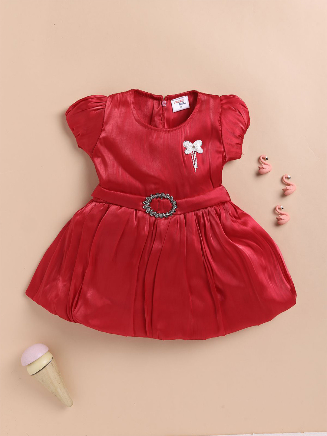 LACKii DOLL Girls Puff Sleeve Satin Fit & Flare Dress