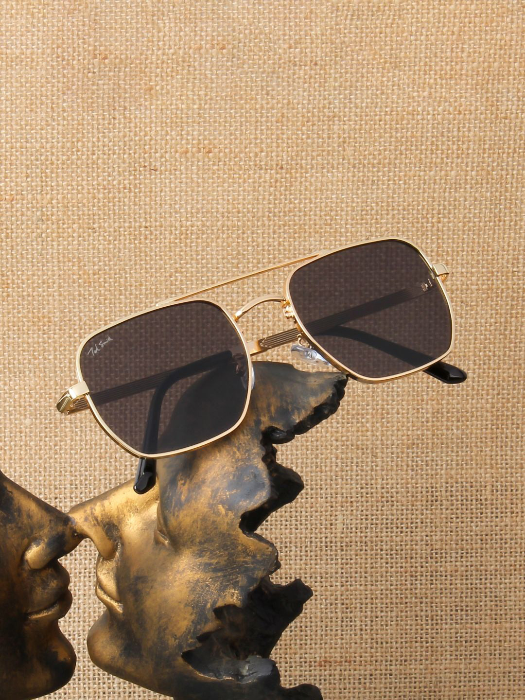 Ted Smith Unisex Aviator Square Gold Black Sunglasses With UV Protected Lenses