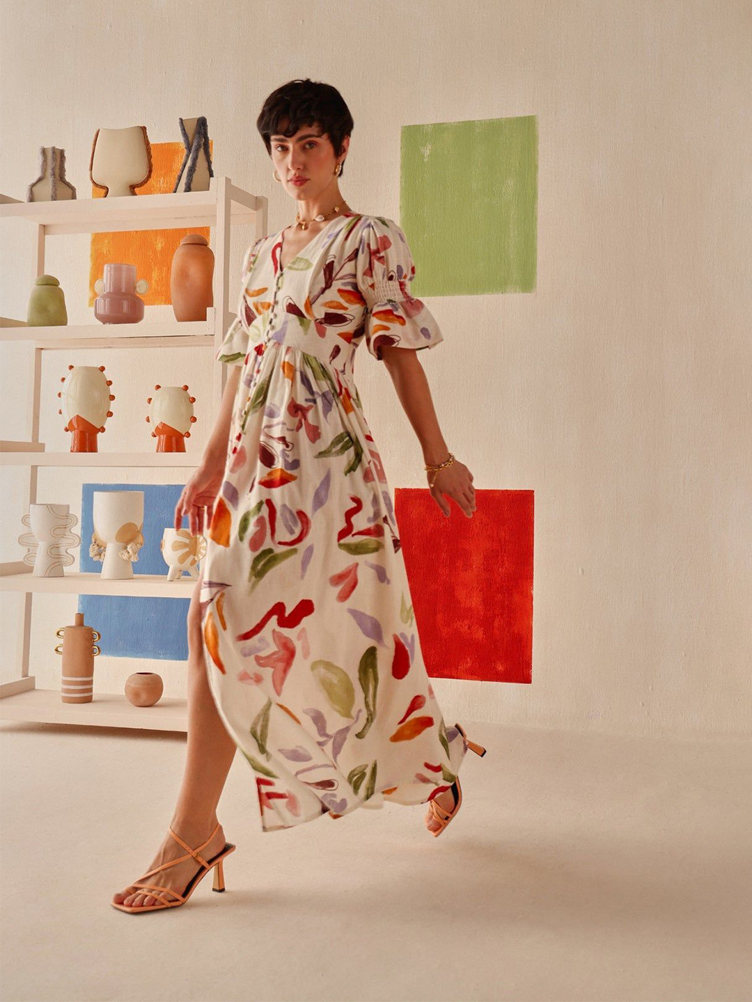 Sage by Mala Women Print Puff Sleeve Fit & Flare Maxi Ivara Dress