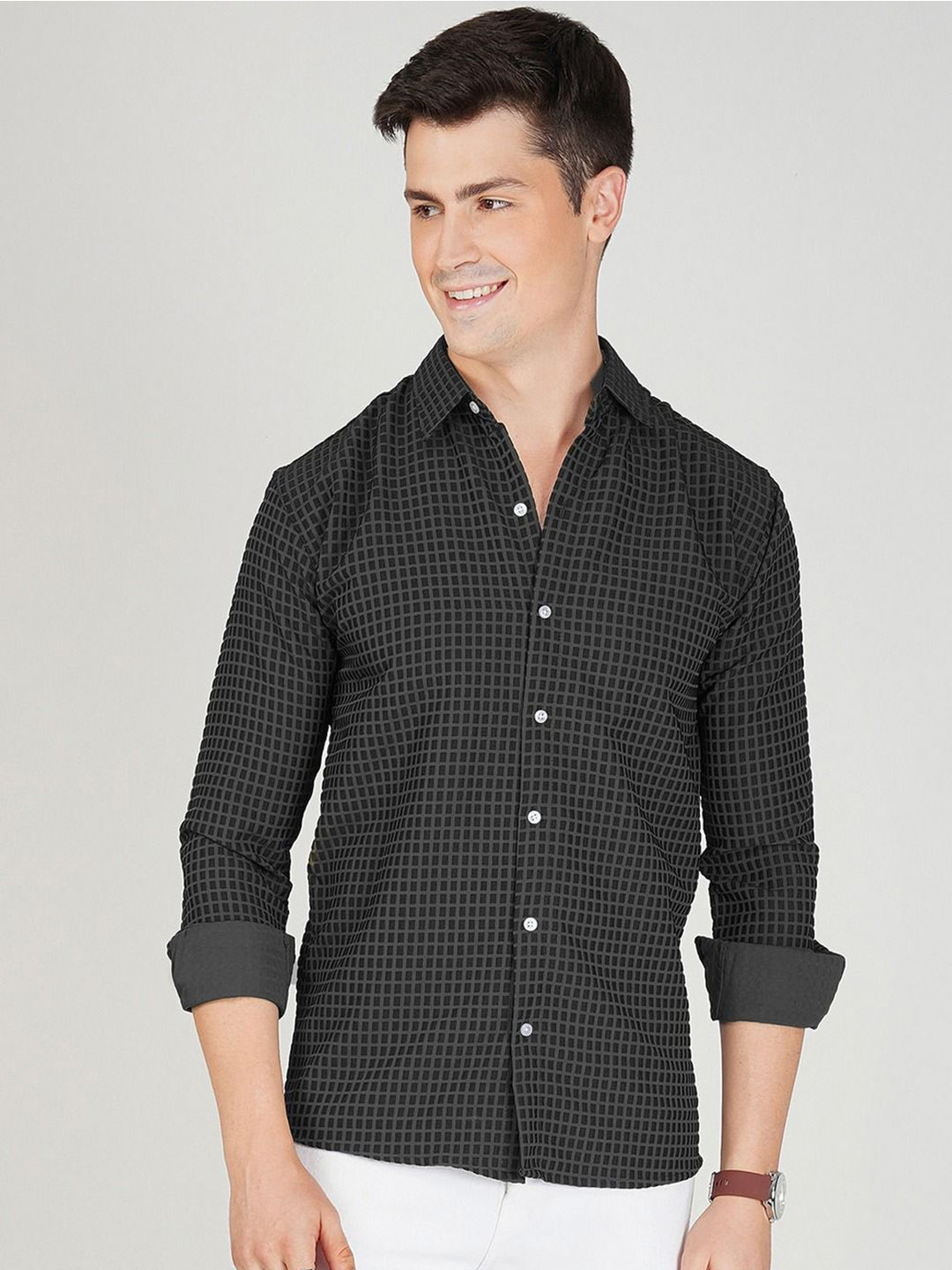 Grey Micro Checked Regular Fit Casual Shirt