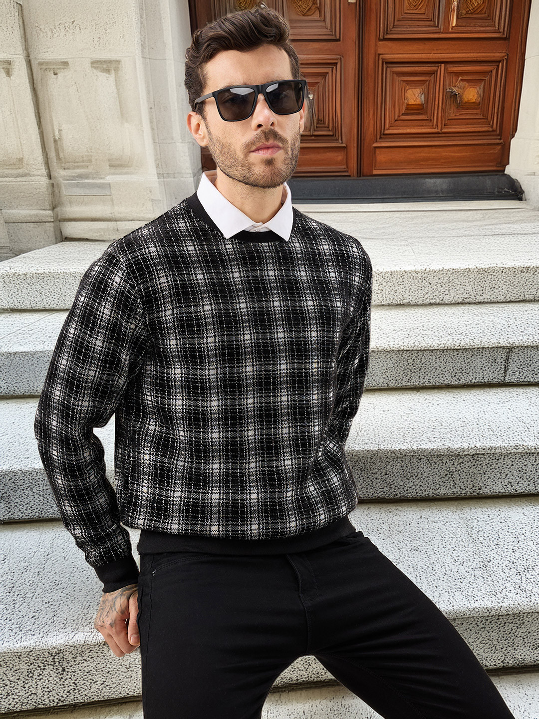Status Quo Men Checked Printed Long Sleeves Sweatshirt