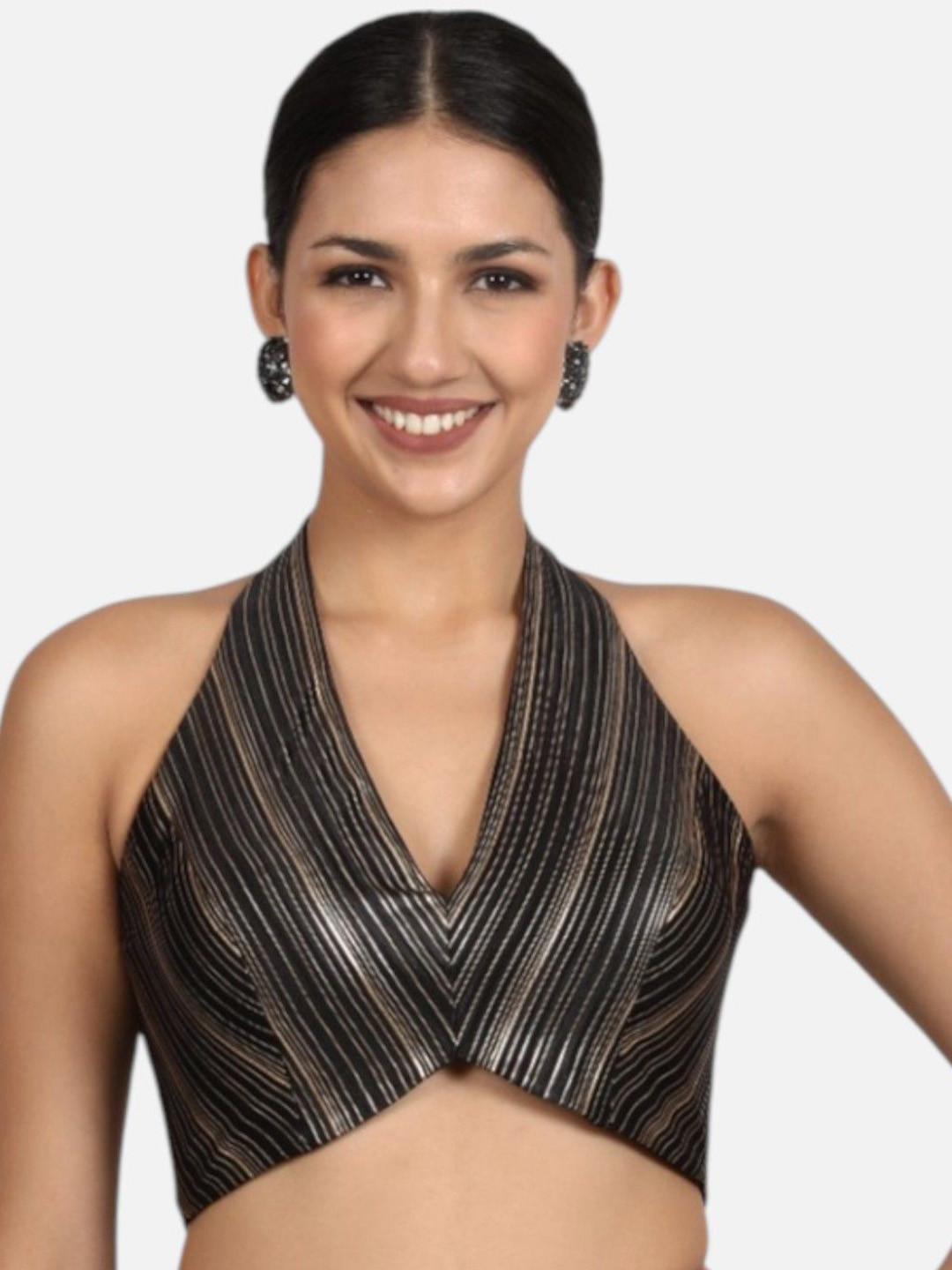 neckbook Striped Halter Neck Hook and Eye Backless Saree Blouse