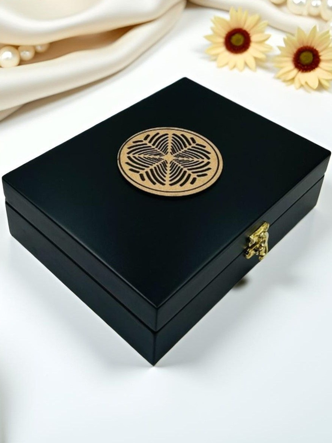 Angira handicrafts Black Wooden Storage Box with Velvet Interior Traditional Kunda Lock