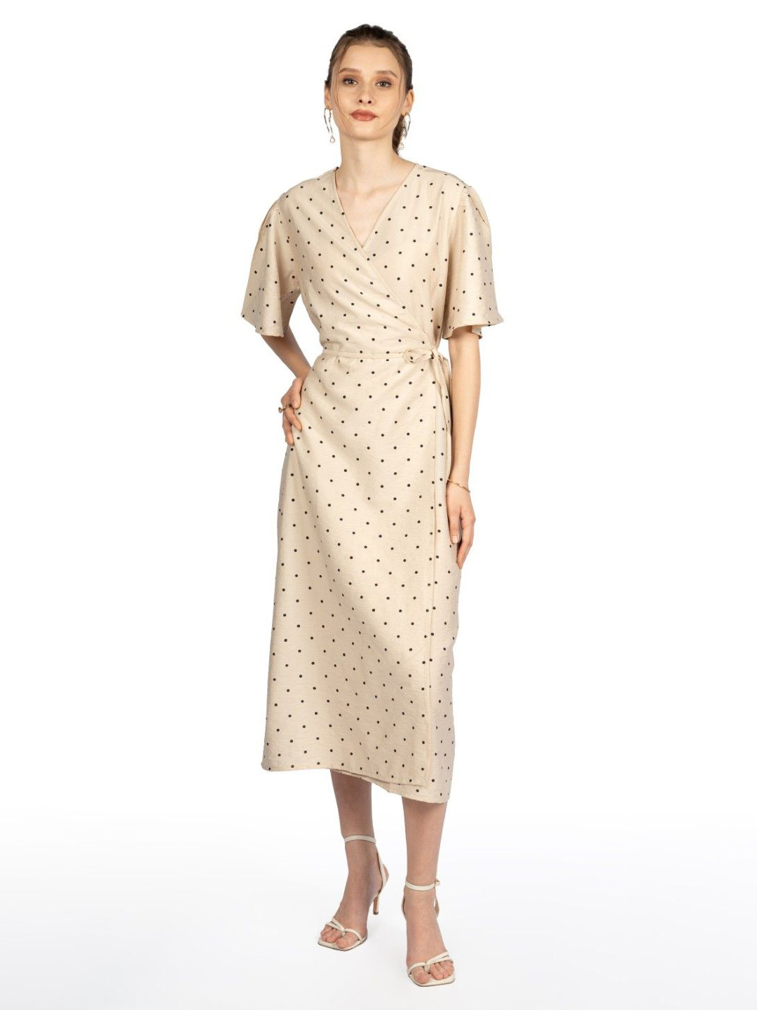 CORY EDGE Polka Dot Print Wrap Midi Dress