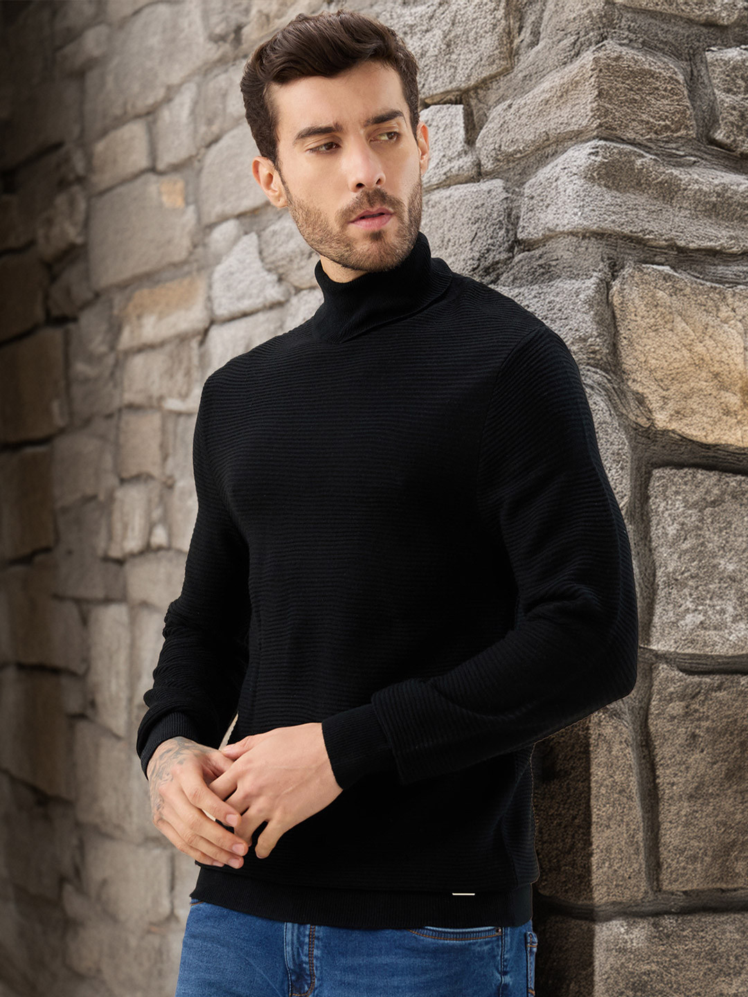 Status Quo Men Solid Full Sleeves Turtle Neck Pullover