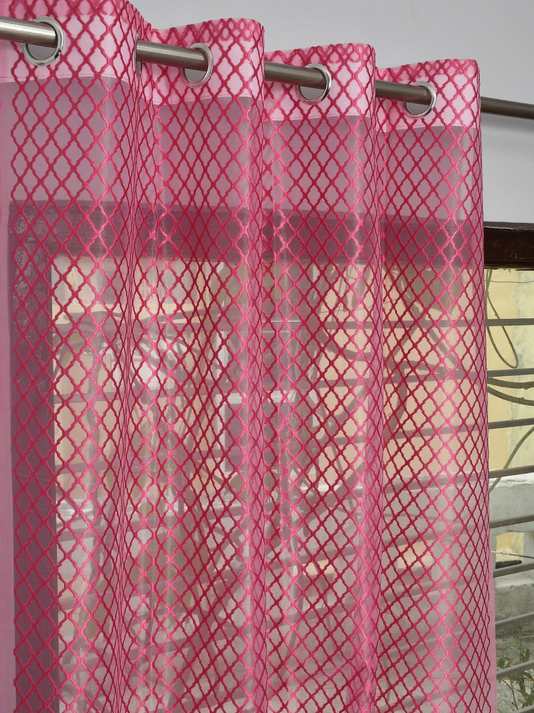 GEET CREATIONS Pink 2 Pieces Embroidered Fade Resistant Sheer Window Curtains