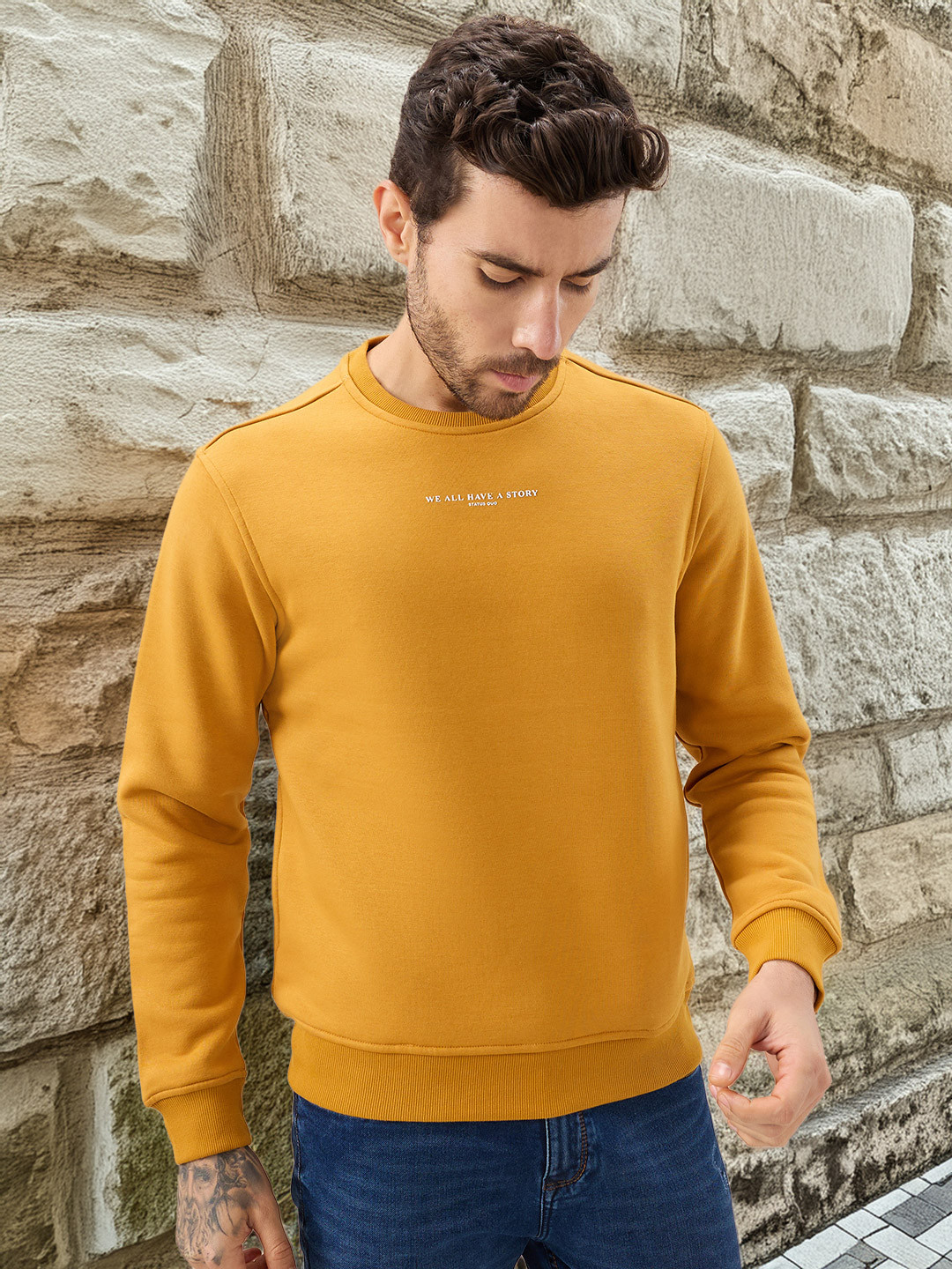 Status Quo Men Chest Typography Printed Full Sleeves Round Neck Regular Fit Sweatshirt