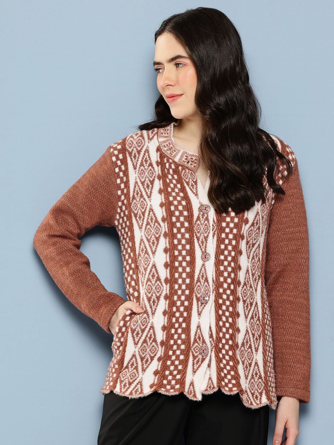 BAESD Women Self Design Round Neck Long Sleeve Button Closure Cardigan