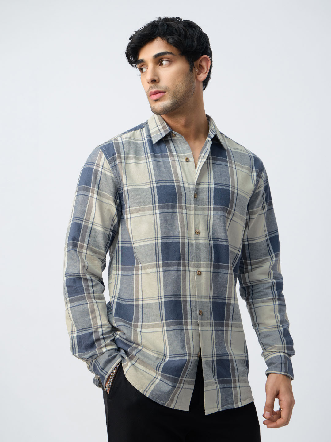 The Souled Store Topaz Tartan Checked Cotton Linen Casual Shirt