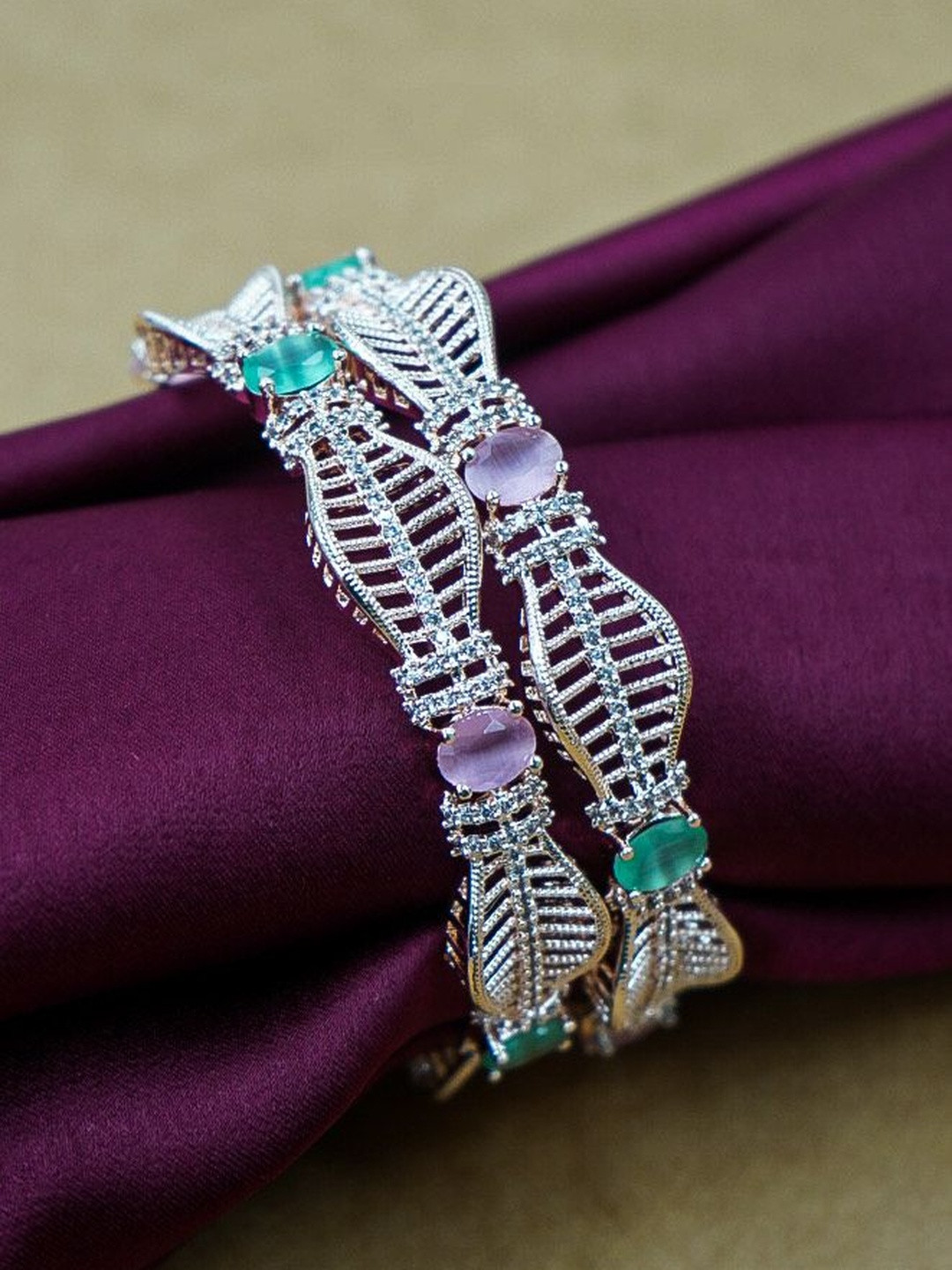 Wedding Chuda by Hitesh Bangles Set Of 2 Rose Gold American Diamond Studded Bangles