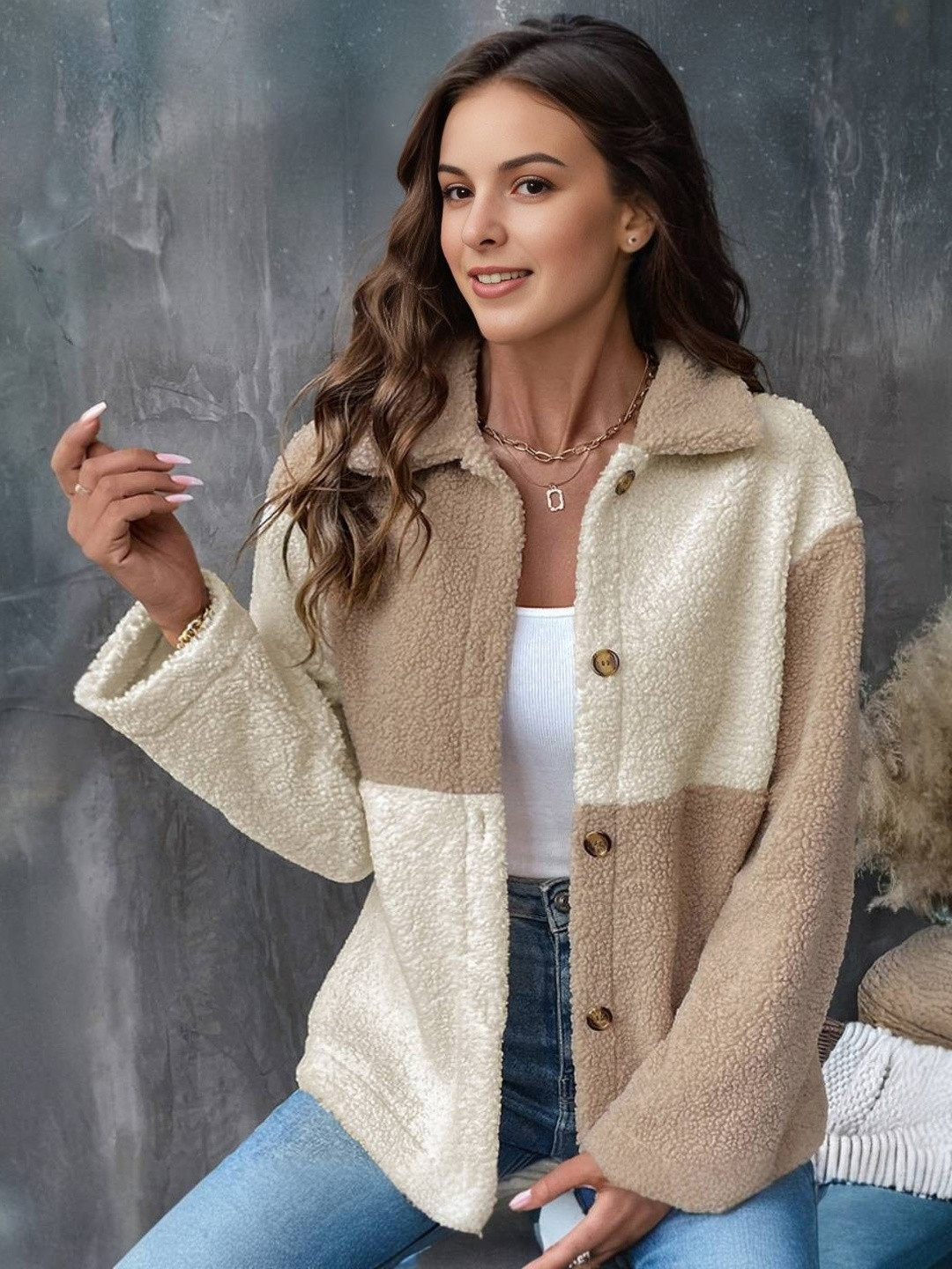 HERE&NOW Women Cream Colourblocked Polar Fleece Full Sleeves Jacket