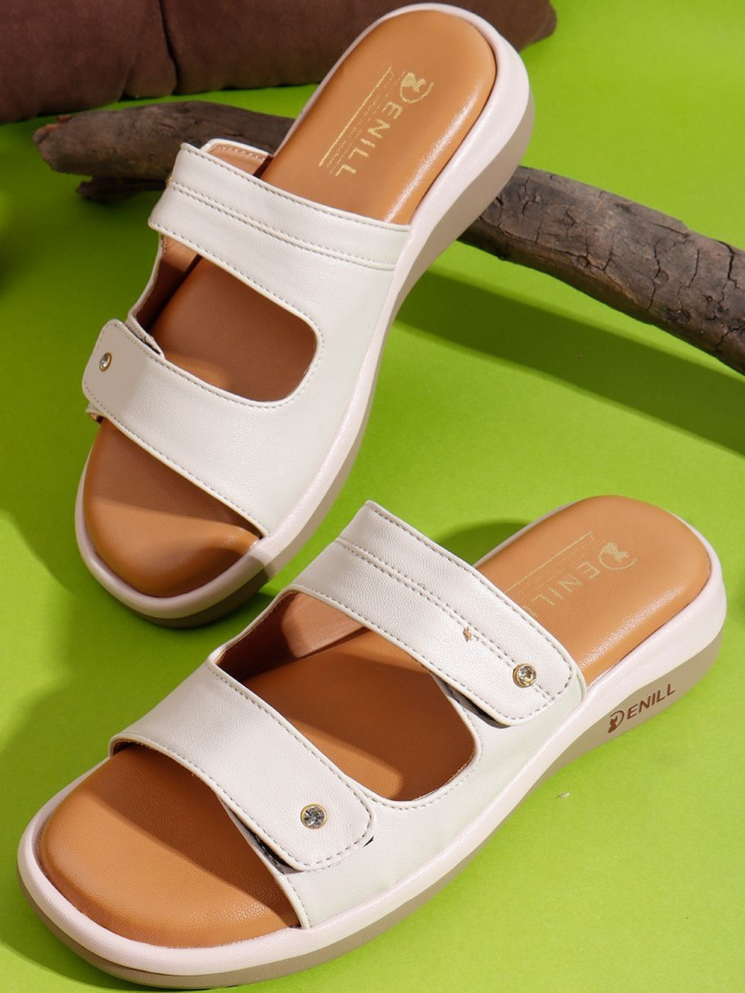 Denill Women Cream Slip-On Sandals with Metallic Stud Straps Flats