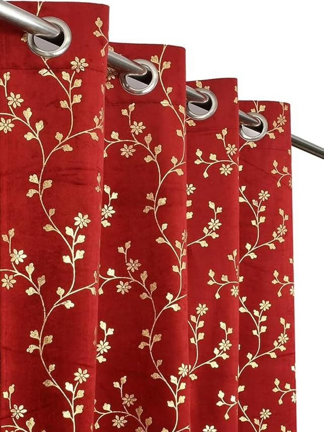 GEET CREATIONS Red  2 Pieces Floral Printed Room Darkening Velvet Door Curtains