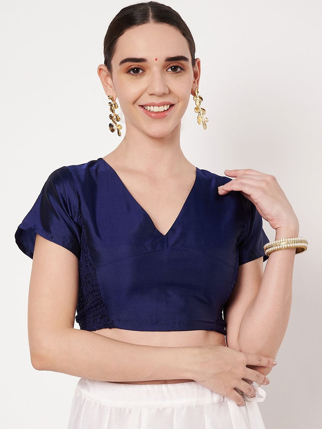studio rasa Women Solid Smocking V-Neck Short Sleeves Fitted Crop Top