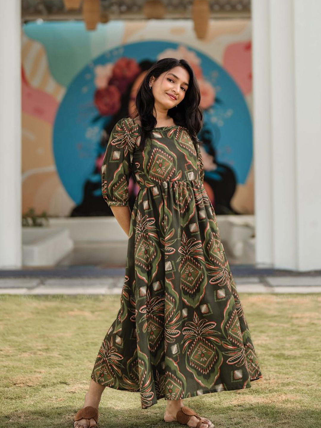 HAY Women Floral Printed Puff Sleeve Linen Maxi Dress