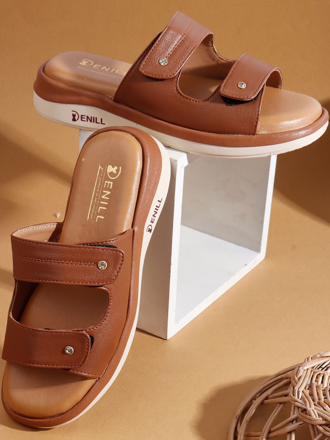 Denill Women Tan Synthetic Leather Metallic Stud Straps Slipon Flats