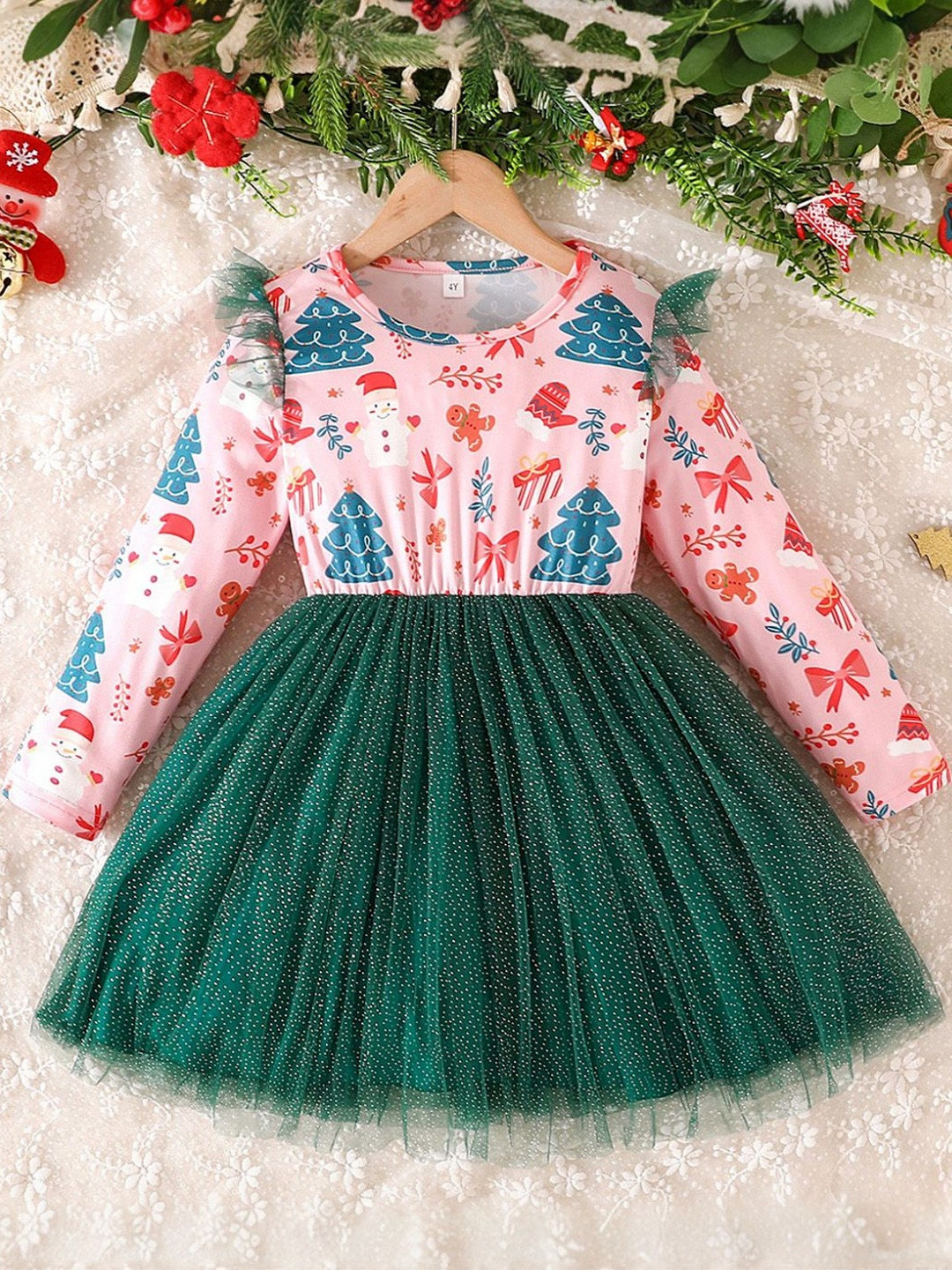 YK Girls Green Printed Tulle Overlay Round Neck Fit & Flare Winter Dress