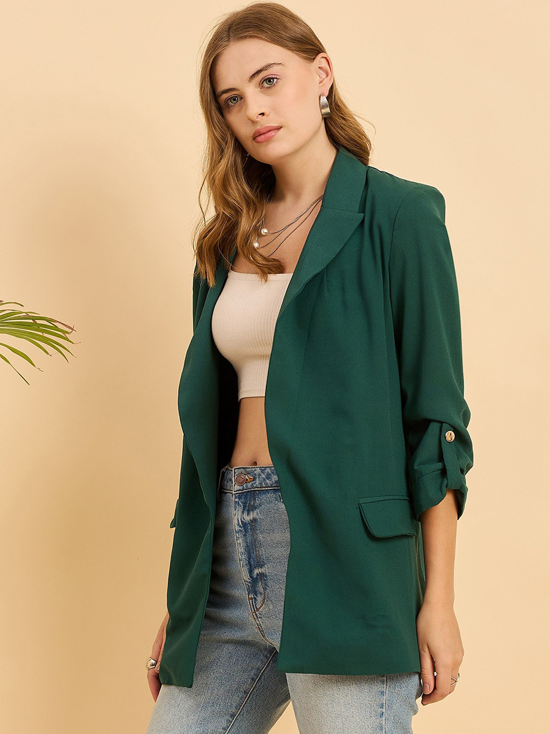 JUNE & HARRY Slim-Fit Oversized Notched Lapel Long Sleeves Front-Open Blazer