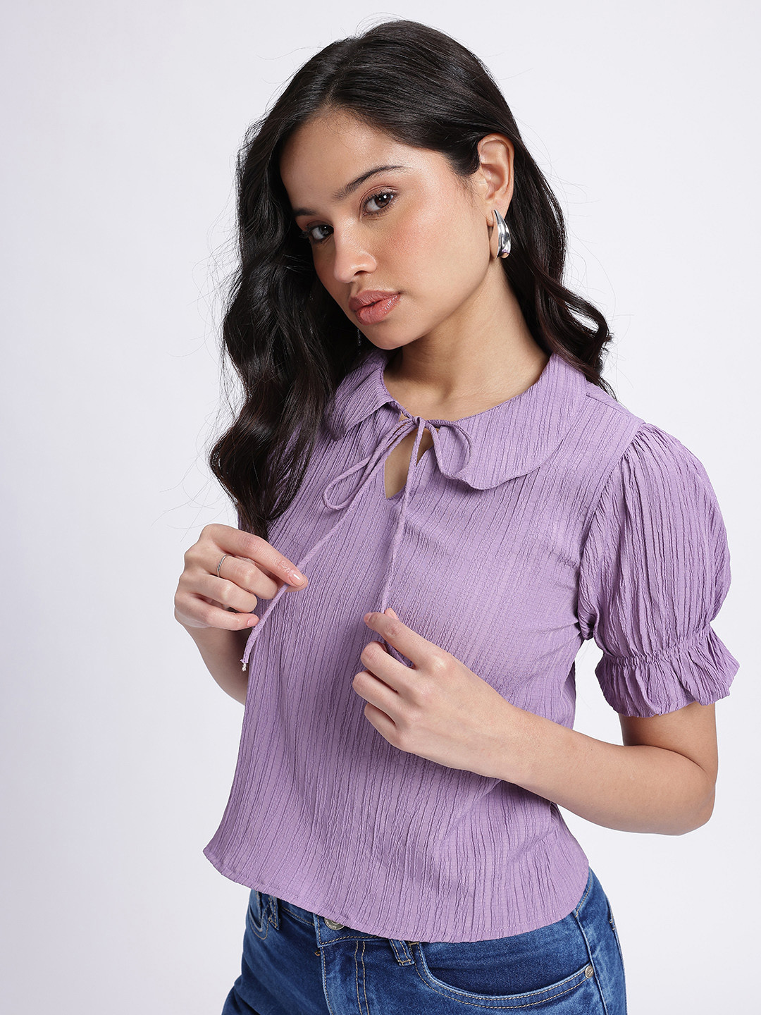 glitchez Seersucker Tie-Up Detail Peter Pan Collar Puff Sleeve Regular Top