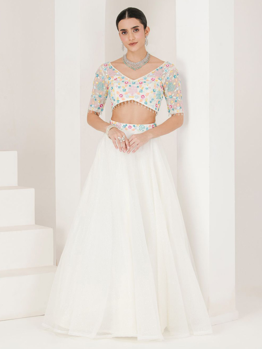 MAIVE Floral Embroidered Ready to Wear Organza Lehenga & Blouse With Dupatta