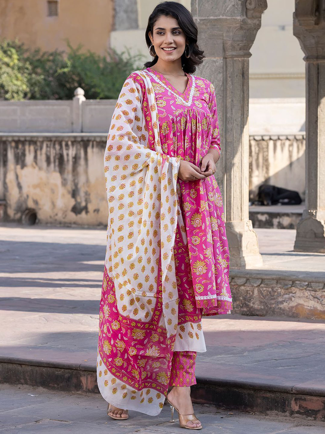 KALINI Floral Printed Empire Styled A-Line Pure Cotton Kurta With Trousers & Dupatta