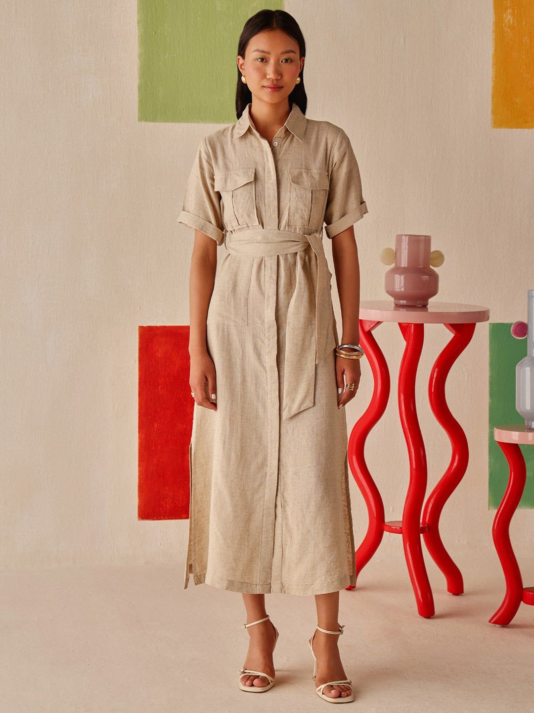 Sage by Mala Women Short Sleeves Shirt Midi Dress