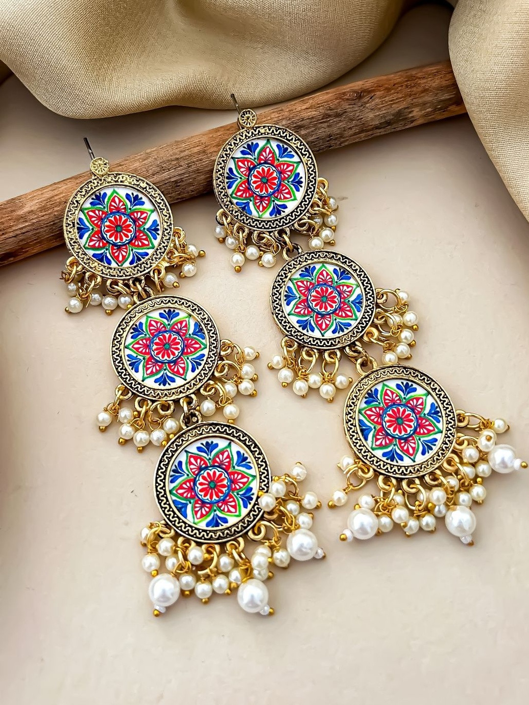 Zeviel Women Antique Gold-Plated Hand-Painted Floral Stud Earrings with Pearl Danglers