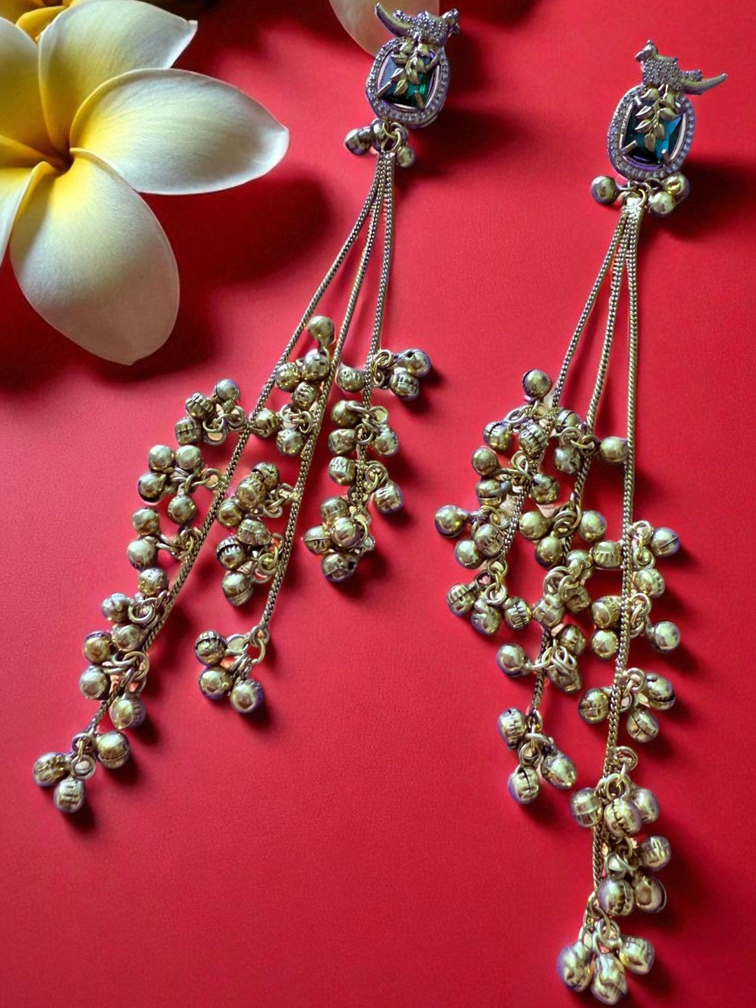 House of Pataudi Gold-Plated Stone-Studded & Beaded Dangler Kashmiri Earrings