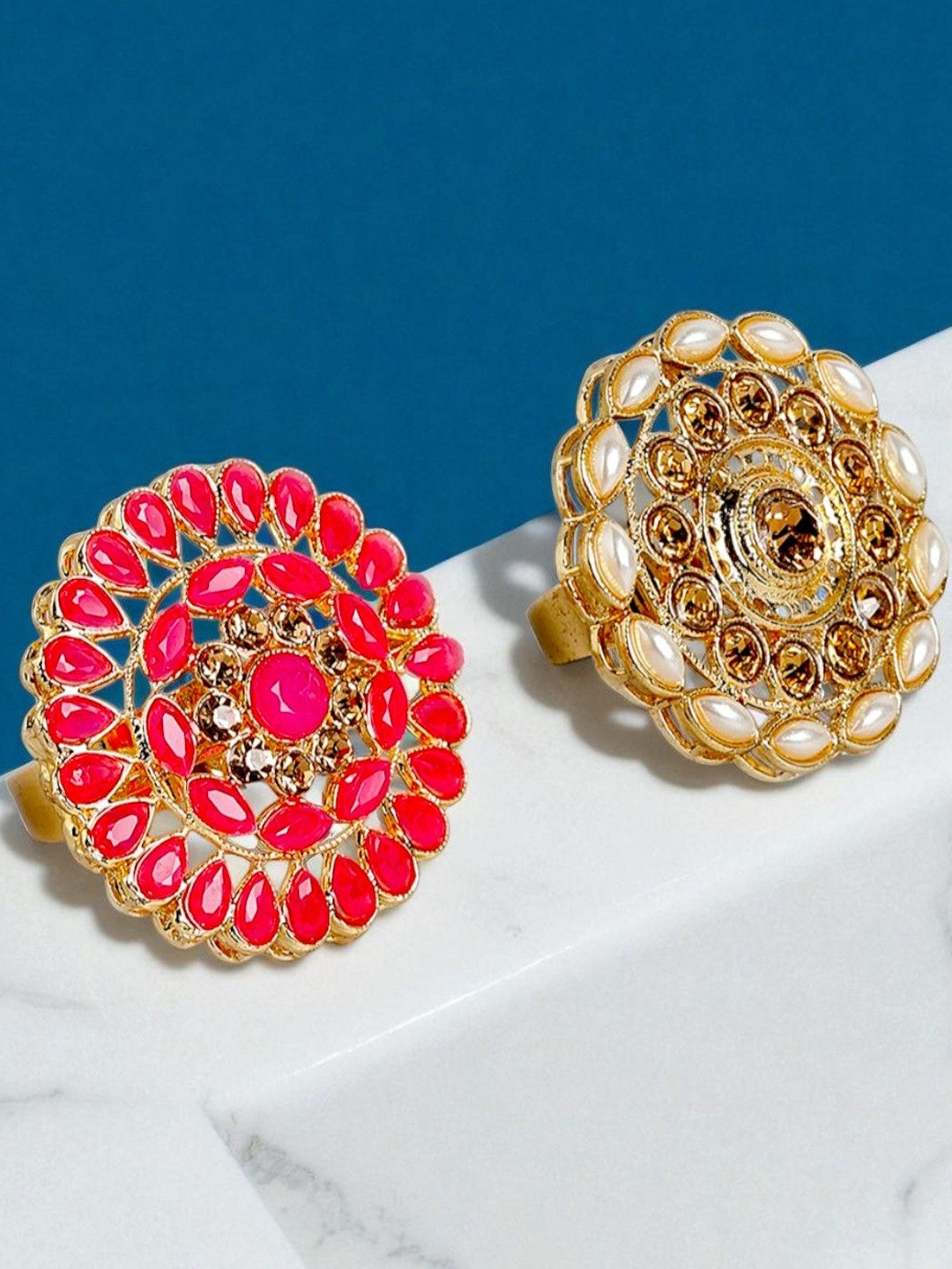 Anxvi Women Set Of 2 Alloy Traditional Gold Plated White and Pink Stone Combo Finger Ring