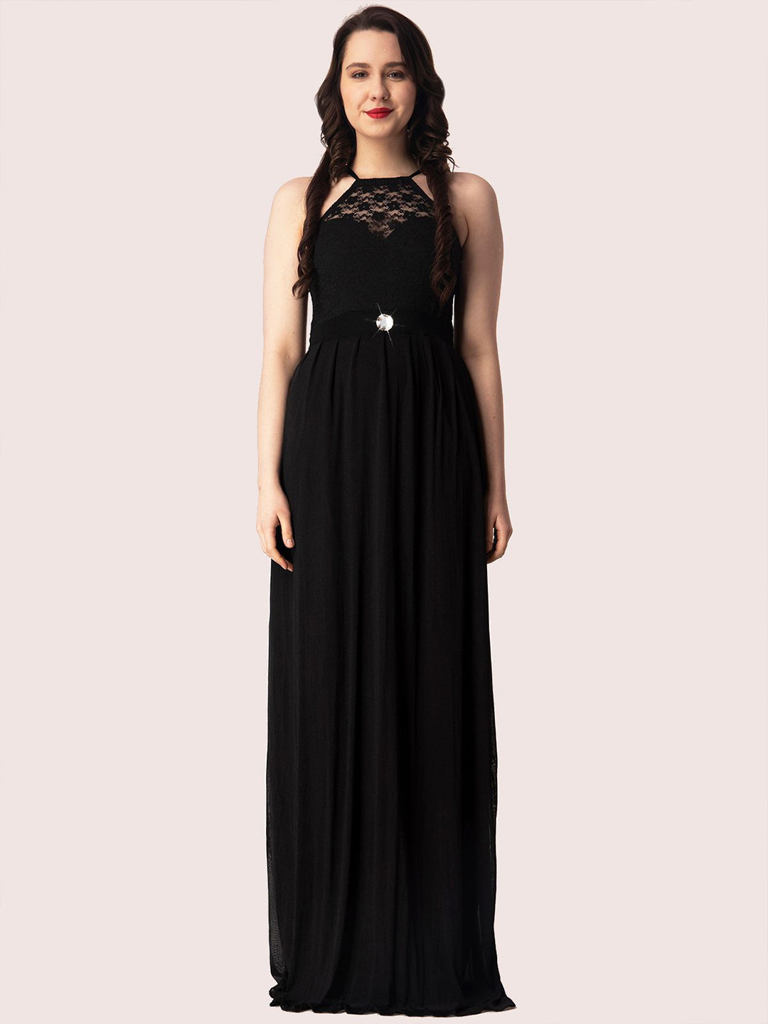 Lola  Dola Women Solid Lace Insert Maxi Party Dress