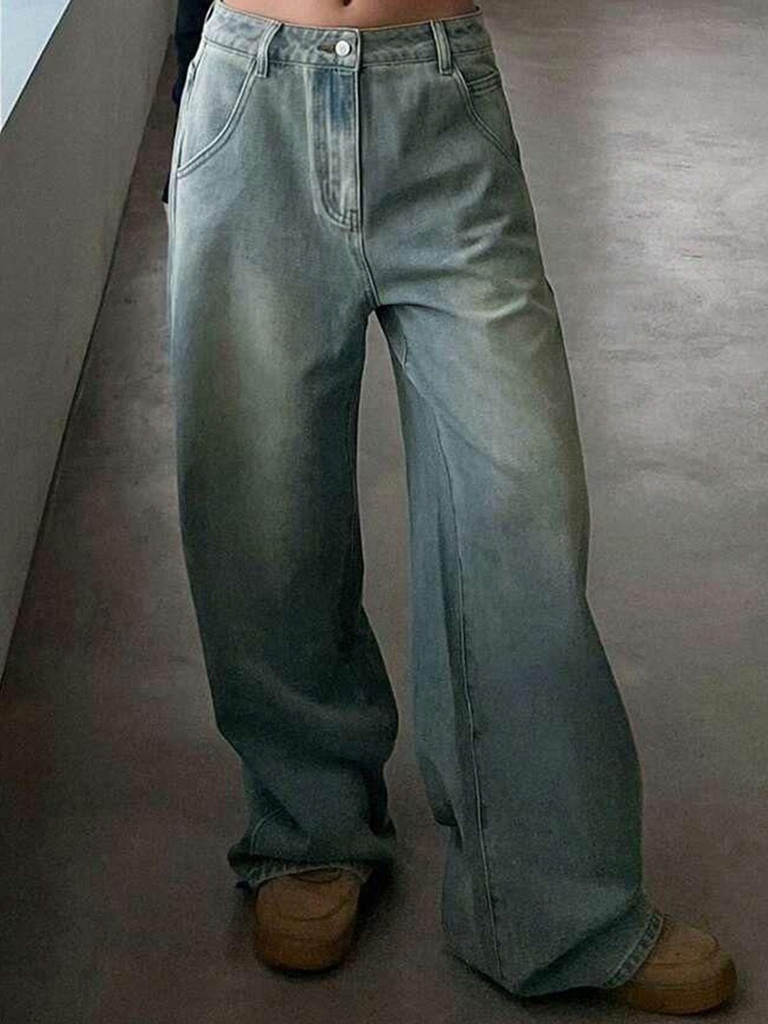 ZUYA Women Wide Leg Mid-Rise Cotton Heavy Fade Solid blue Jeans