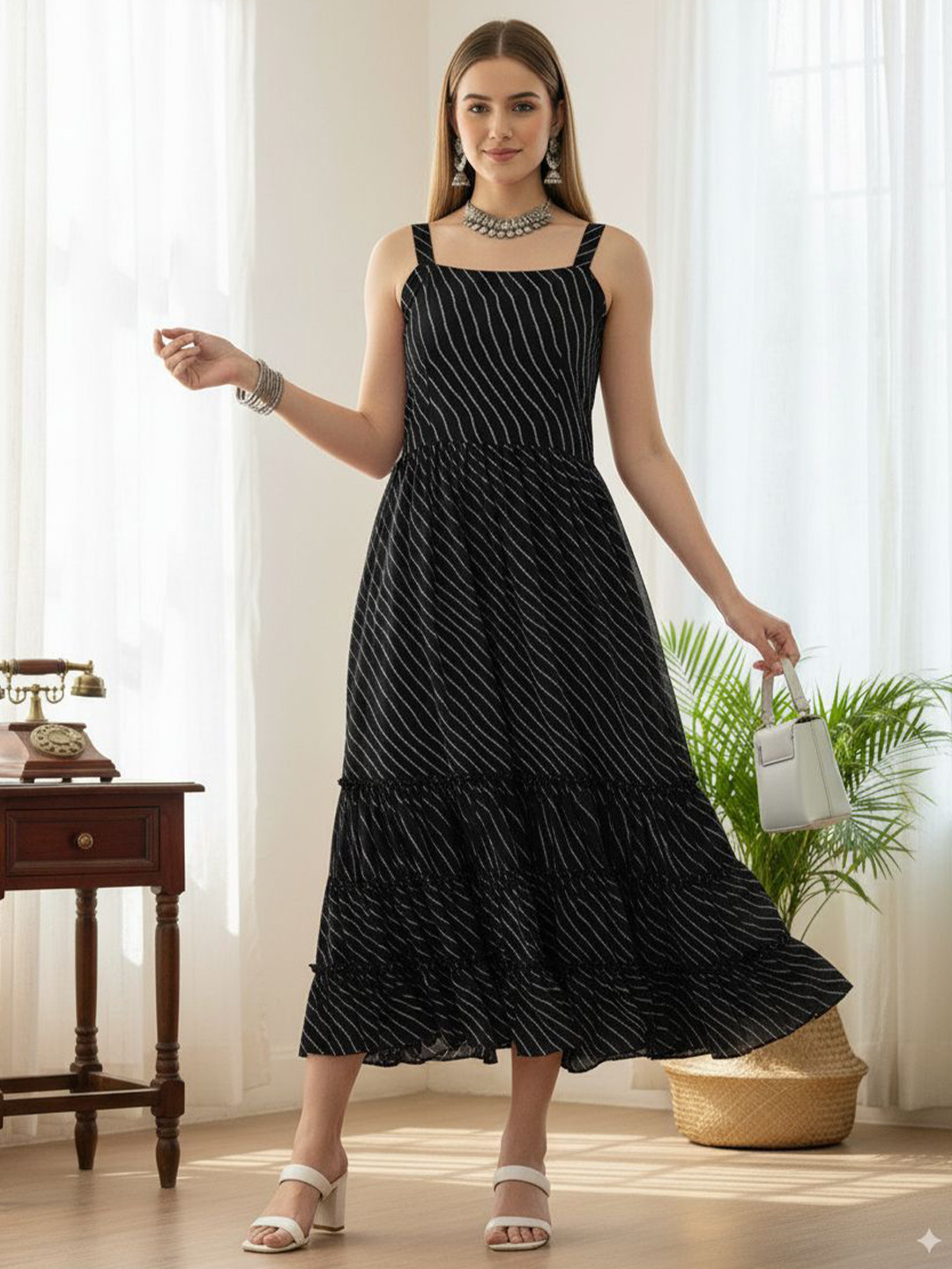 LIPS CROWN Printed Georgette Fit & Flare Midi Dress