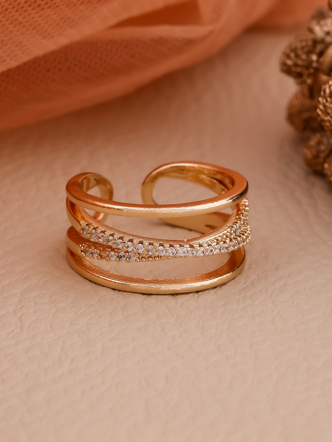 QUERALT Brass Plated Stainless Steel American Diamond Studded Multilayer Crossover Ring