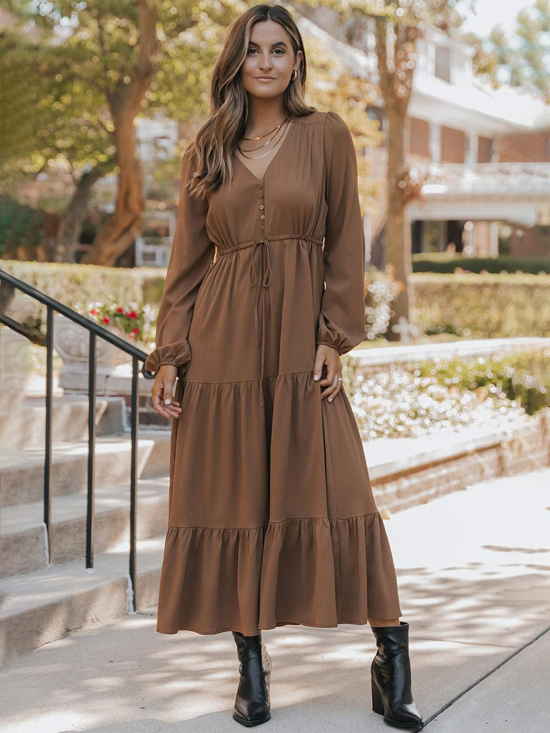 Errabelly Chestnut Solid Long Sleeve Button V Neck Tiered Maxi Dress