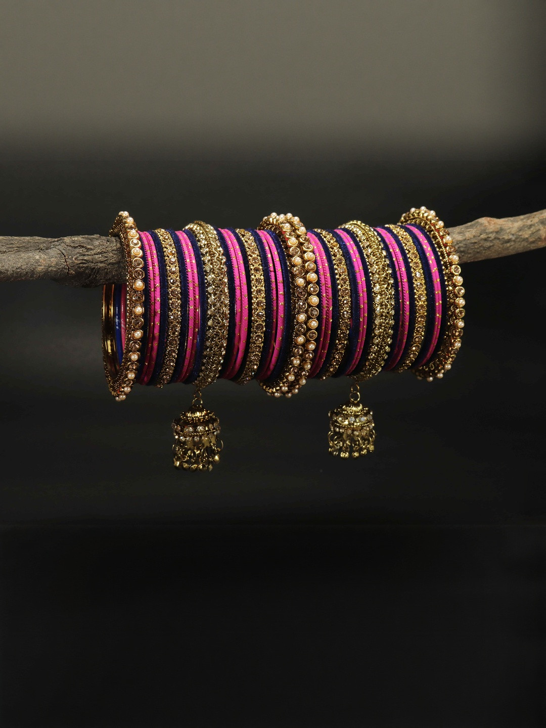 GLIKA Pack Of 42 Metal Base Zircon Gemstone Pearls Studded Bangle Set