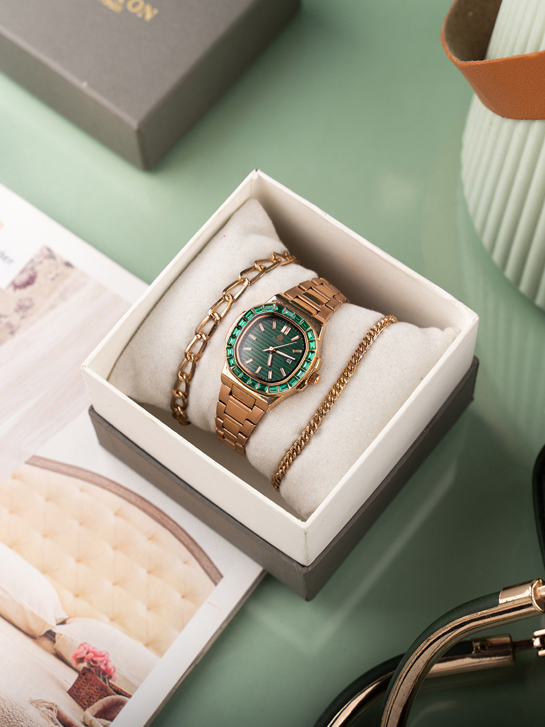 Carlton London Women Watch Gift Set CLPLG100-Green