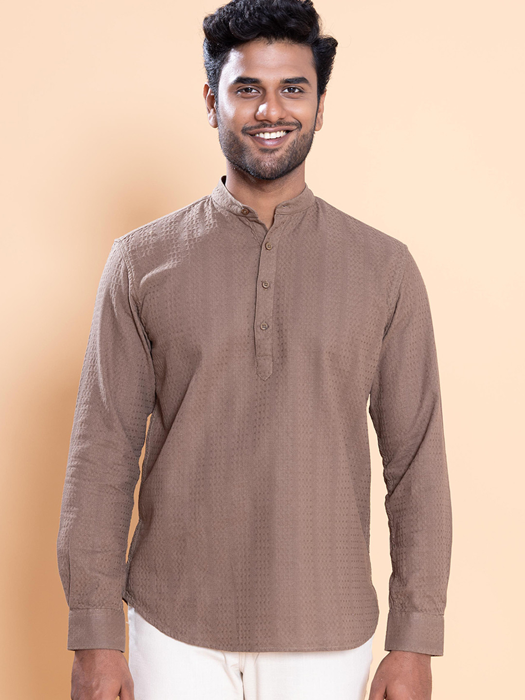 Native Bull Classic Textured Band Collar Cotton Shirt