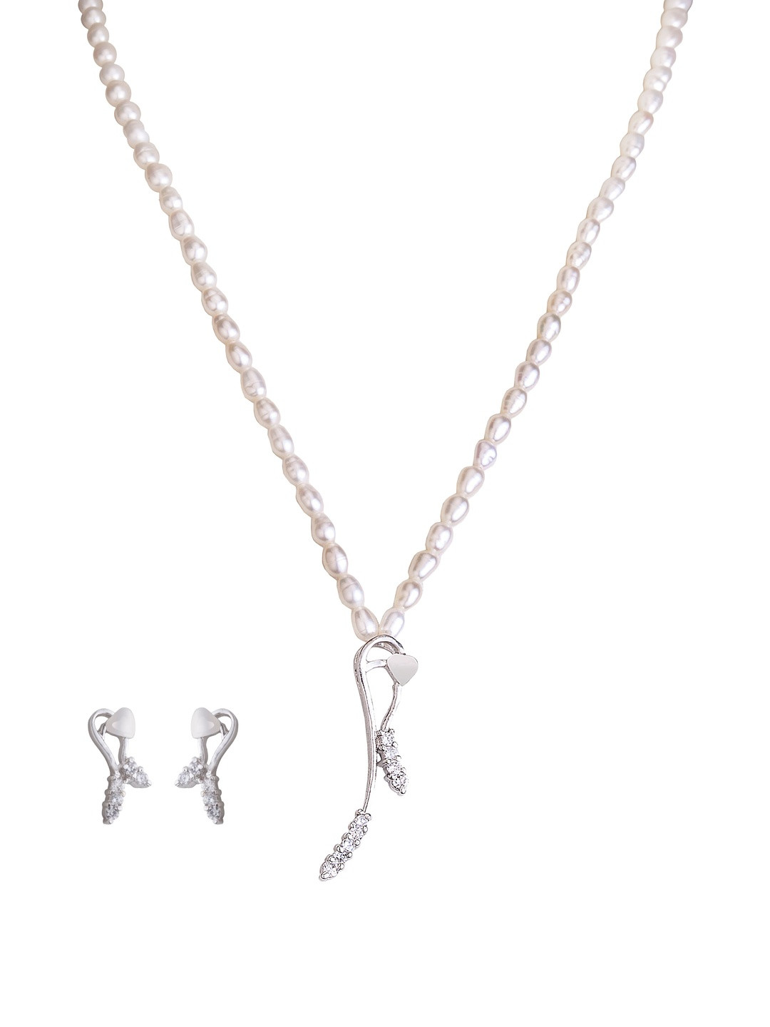 D.D Pearls 92.5 Sterling Silver Plated Pearls-Beaded And Studded Necklace & Drop Earrings